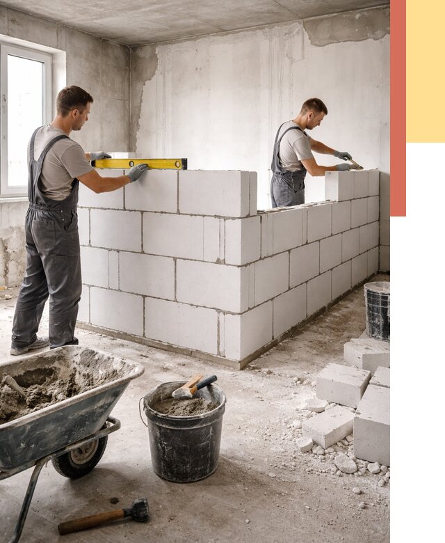 Кладка перегородок из ПГП в Гудермесе от 2562 руб./м2 — монтаж и возведение под ключ | ОТДЕЛОЧНИК-Гдр