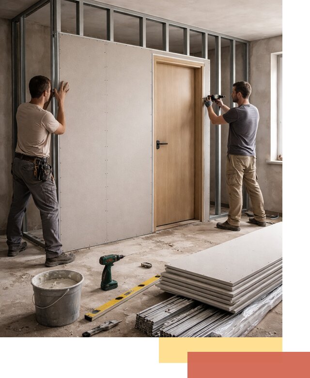 Перегородка из гипсокартона с дверью под ключ в Гудермесе