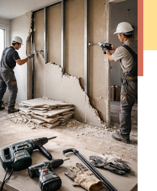 Демонтаж перегородки из гипсокартона в Гудермесе от 1230 руб. быстро и недорого | ОТДЕЛОЧНИК-Гдр
