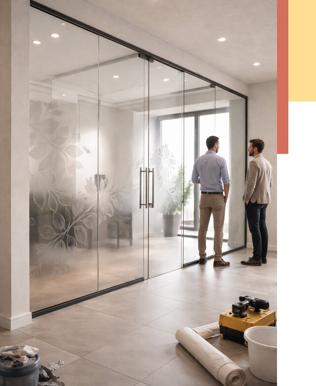 Стеклянные перегородки с рисунком в Гудермесе от 12809 руб. монтаж и нанесение | ОТДЕЛОЧНИК-Гдр