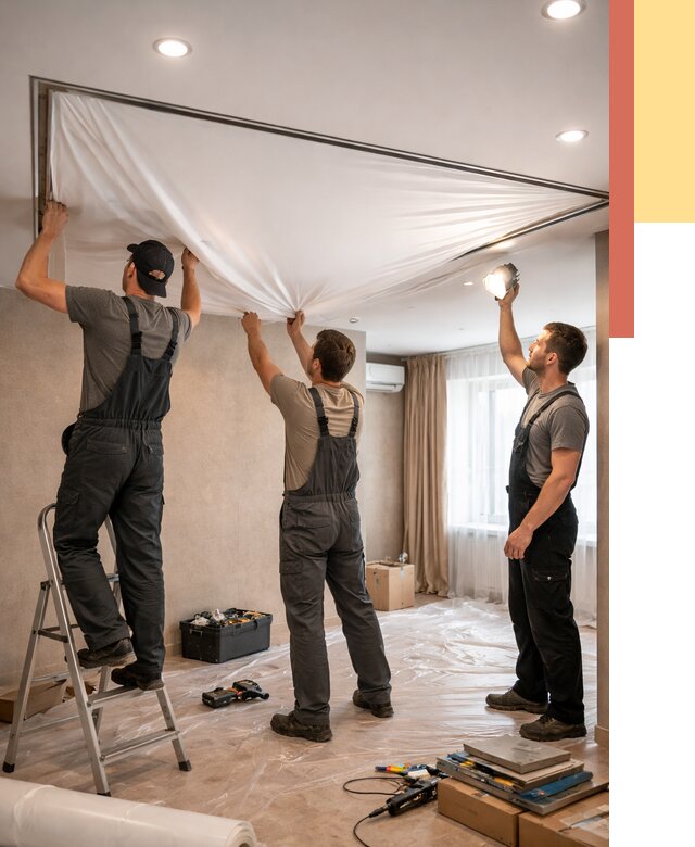 Монтаж ПВХ натяжного потолка в Гудермесе от 3586 руб. под ключ | ОТДЕЛОЧНИК-Гдр