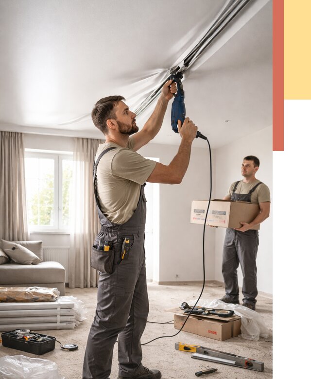 Монтаж сатинового натяжного потолка в Гудермесе от 3586 руб. | Быстро, недорого — ОТДЕЛОЧНИК-Гдр