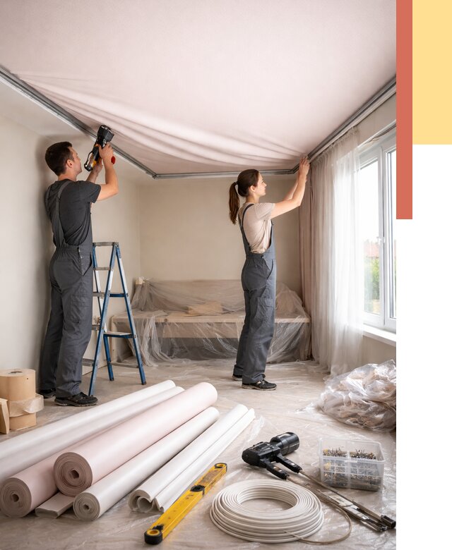 Монтаж цветного натяжного потолка в Гудермесе от 4304 руб/м² — быстро и недорого | ОТДЕЛОЧНИК-Гдр