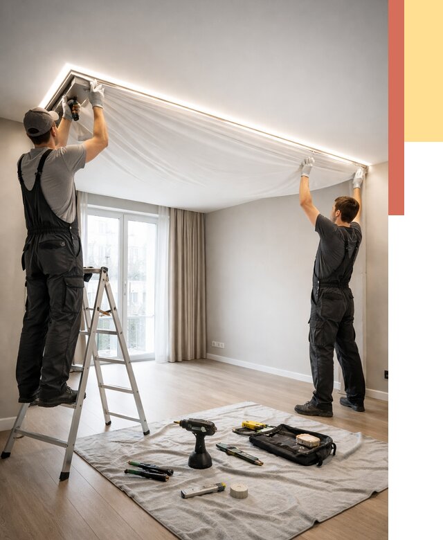 Монтаж парящего натяжного потолка в Гудермесе от 4611 руб. быстро и недорого | ОТДЕЛОЧНИК-Гдр