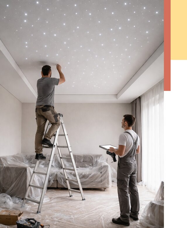 Монтаж натяжного потолка «звездное небо» в Гудермесе от 6661 руб. | ОТДЕЛОЧНИК-Гдр