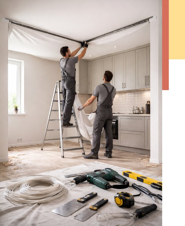 Установка натяжного потолка на кухне в Гудермесе от 2459 руб. | ОТДЕЛОЧНИК-Гдр