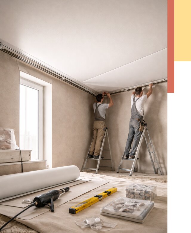 Монтаж натяжного потолка в спальне в Гудермесе от 3894 руб. под ключ | ОТДЕЛОЧНИК-Гдр