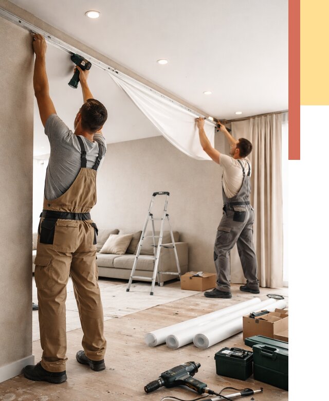 Монтаж натяжного потолка в гостиной в Гудермесе от 564 руб. | ОТДЕЛОЧНИК-Гдр