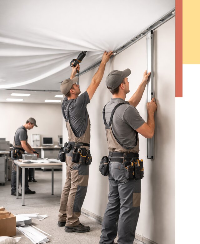 Монтаж натяжного потолка в офисе в Гудермесе от 461 руб/м² — быстро и недорого | ОТДЕЛОЧНИК-Гдр