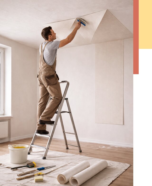 Поклейка обоев на потолок в Гудермесе от 4611 руб. быстро и недорого | ОТДЕЛОЧНИК-Гдр